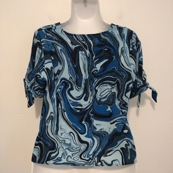 Michael Kors - Blue Oasis Short Sleeve V Neckline Blouse - Picture 11 of 16